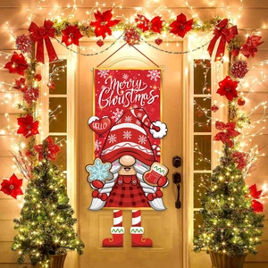 Christmas Hanging Flag Banner Polyester Red Gnome Snowflake Design Festive Wall Decor For Front Door Party Home