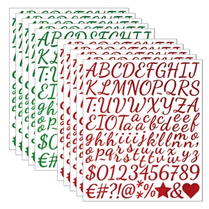 Detail of self-adhesive glitter letter stickers in red and green for DIY craft decoration