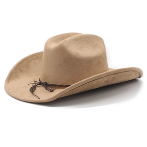 Detail view of the camel faux suede cowboy hat with a knotted thin leather cord band