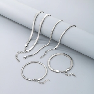 Flat snake bone chain necklace and bracelet set in silver-tone polished titanium steel