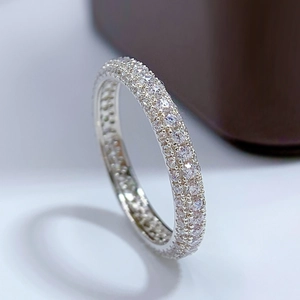 Macro side view of S925 silver eternity ring with rows of sparkling zircon stones