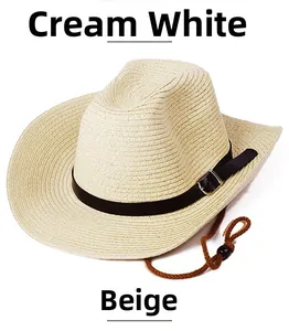 Detail view of woven straw cowboy hat with leather band and adjustable chin strap
