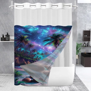 Detail of waterproof waffle fabric shower curtain with tropical starry beach print