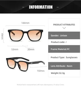 Detailed size chart for unisex PC frame sunglasses with dimensions and resin lens specs