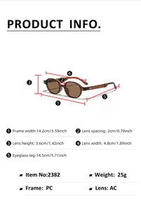 Detailed size chart for PC sunglasses with frame width, lens height, and arm length specs