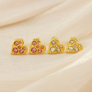 Elegant 18K gold plated heart stud earrings with pink and white rhinestones on silk