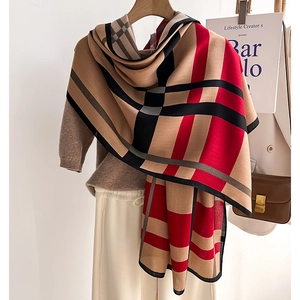 Stylish large plaid scarf shawl in beige and red featuring a classic knit pattern for women