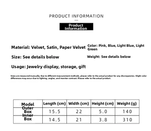 Detailed size specifications for European style pearl jewelry storage boxes in various colors