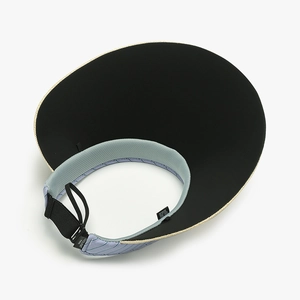 Wide-brimmed straw-woven open-top sun visor with striped headband detail for women