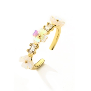 Adjustable 18K gold plated ring with iridescent flowers and baguette-cut cubic zirconia