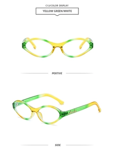 Front and side view of oval sunglasses with yellow-green gradient lenses and transparent frame