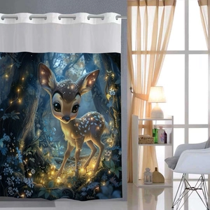 Waterproof polyester shower curtain with glowing forest and deer pattern for bathroom