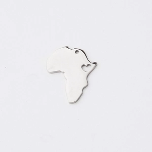 Polished silver stainless steel Africa map pendant with a heart cutout on white background