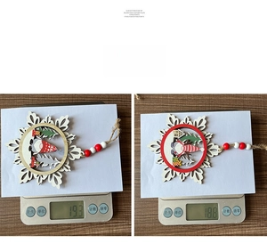 Weight measurement of wooden gnome snowflake ornament showing approximately 19 grams