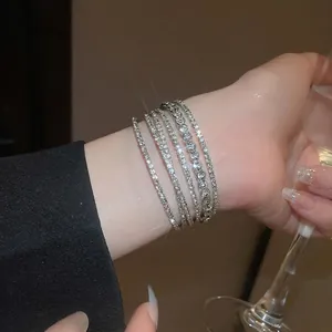 Fashionable multilayer geometric silver cuff bracelet set with sparkling diamonds for women