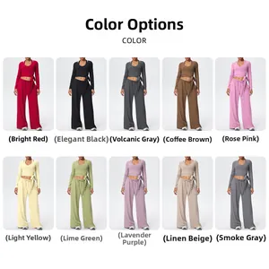 Détails des dix coloris disponibles pour l'ensemble de yoga avec haut cache-cœur