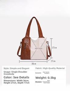 Detailed size specifications for the large brown tote bag with dimensions and capacity