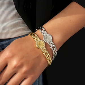 Bracciale a maglia d'orologio placcato oro 18k con zirconi scintillanti in oro e argento