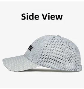 Side view of gray breathable large mesh baseball cap with black FEWK 3D embroidery