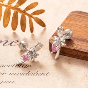 Silver bow heart earrings with pink zircon stone and screw back for cartilage piercing