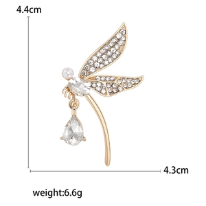 Elegant gold dragonfly brooch with crystals, pearls and teardrop pendant, 4.4cm size