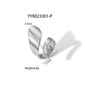 Minimalist geometric irregular open ring in polished stainless steel with dimensions
