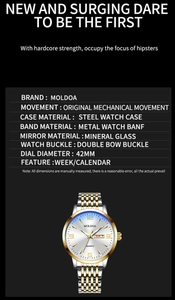 Detail view of business quartz watch with two-tone steel strap and date display parameters