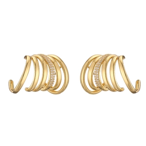 Five-layer gold C-shaped hoop earrings with micro-paved cubic zirconia accents