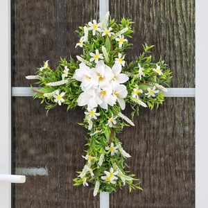 Artificial Lily Cross Wreath Door Hanger With Green Leaves Wood Base For Easter Religious Memorial Wall Decor