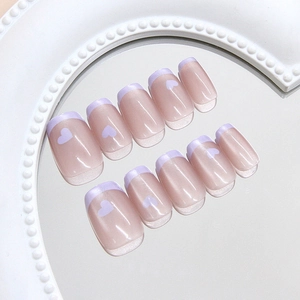 Handmade French Heart Cat Eye Press On Nails Taro Purple Sweet Square Short Nails For Women Decorative Nail Art Decoration