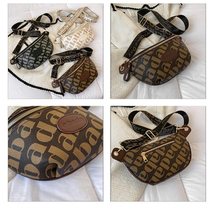 Detailed view of fashion chest bags with letter prints and adjustable jacquard straps
