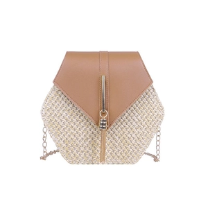 Hexagonal woven straw crossbody bag with brown PU flap, gold tassel and chain strap
