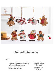 Detailed view of eight vintage wooden gingerbread man and snowman Christmas tree ornaments