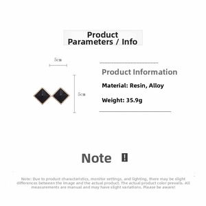 Detail view showing 5cm square black resin earrings with golden alloy frame and size info