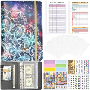 Detailed view of A6 PU leather budget binder set with mandala pattern and accessories