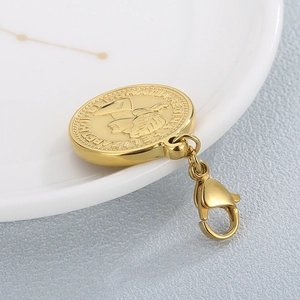 Gold stainless steel coin pendant with Elizabeth II portrait and lobster clasp closure
