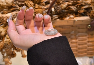 Detail view of five-row micro-paved silver ring with clear crystals held by a model