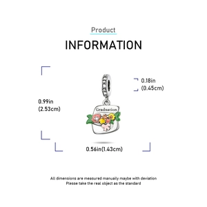 Detailed size specifications for graduation cap and bouquet charm in silver plating
