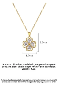 Detail of clover necklace showing sparkling zircons and high-quality titanium steel chain