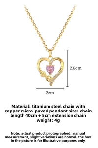 Detailed view of titanium heart necklace with pink zircon and size measurements