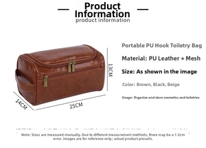 Dettaglio beauty case con dimensioni 25x14x13cm e materiale in pelle PU marrone