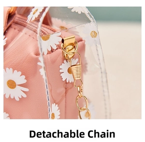 Detail of pink floral handbag featuring a detachable gold metal chain and daisy print