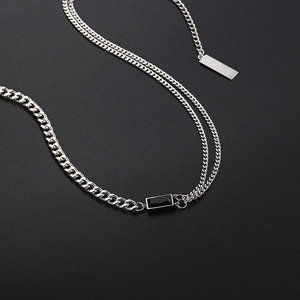 Double layered titanium steel Cuban chain necklace with a black rectangular stone pendant