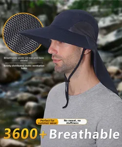 Detail of navy sun hat with neck flap showing large breathable mesh panels and 3600+ vents