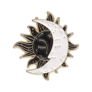 Vintage celestial sun and moon enamel pin with gold plating and black white finish