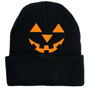 Detail of black knit beanie featuring a vibrant orange Halloween pumpkin face print