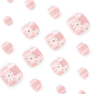 French style white flower press on toenails in pink and white color scheme