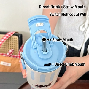 Large capacity insulated tumbler with straw and direct drinking lid featuring cat pattern