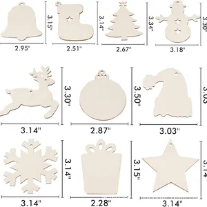 Set of 10 DIY unfinished wooden Christmas ornaments in various festive shapes for tree decor