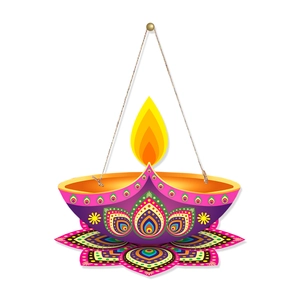 Detailed close-up of a purple Diwali Diya hanging decoration with vibrant Rangoli patterns